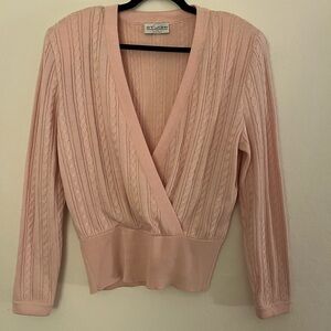 St. John Vintage Pink Cable Knit V-Neck Sweater and Skirt Set